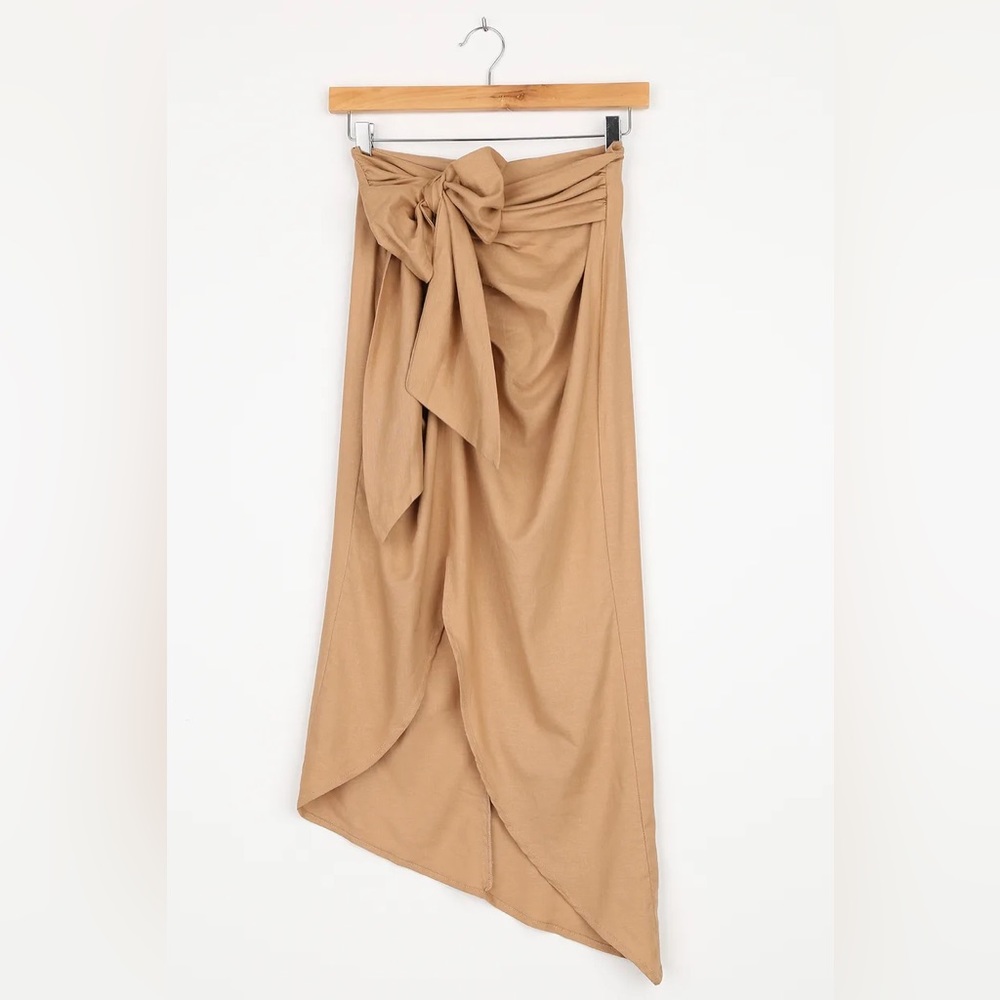 Take the Chance Tan Faux Wrap Midi Skirt, New!